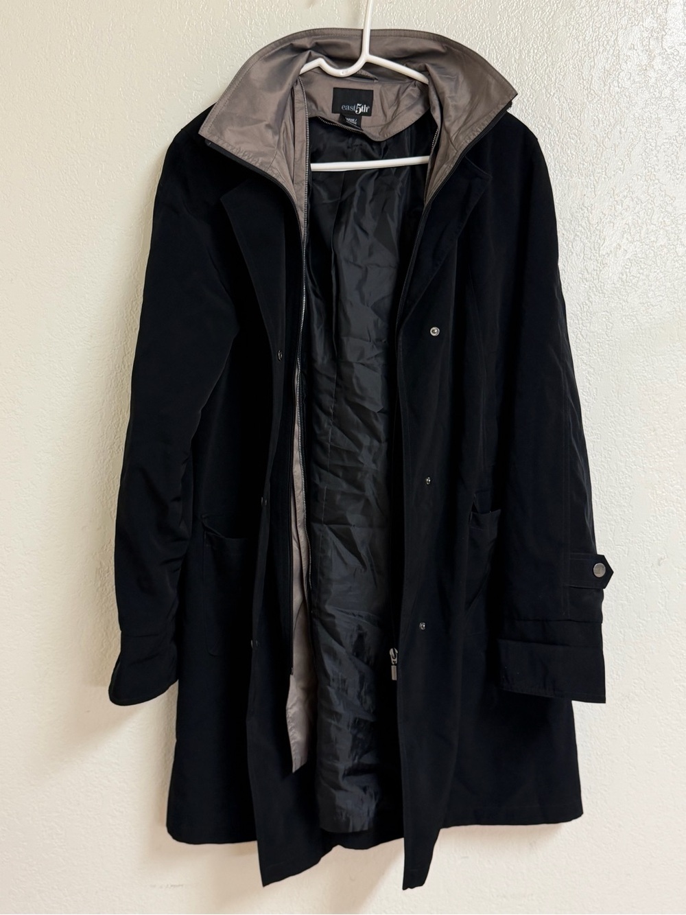 East 5th Black Trench Coat with Gray Contrast Lining